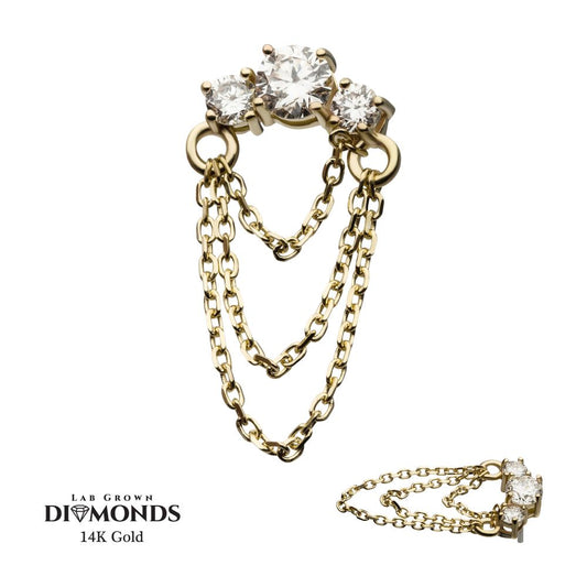14Kt Yellow Gold Threadless Prong Set 3 Cluster Round Lab-Grown Diamonds Top with Triple Dangle Chain