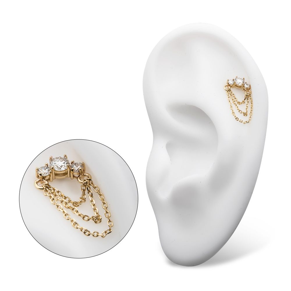 14Kt Yellow Gold Threadless Prong Set 3 Cluster Round Lab-Grown Diamonds Top with Triple Dangle Chain