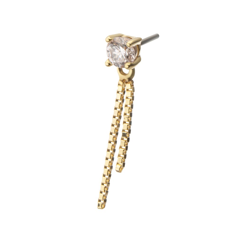 14Kt Yellow Gold Threadless Prong Set Lab-Grown Diamond Top with 2 Box Chain Dangle