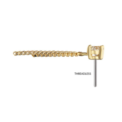 14Kt Yellow Gold Threadless Prong Set Lab-Grown Diamond Top with 2 Box Chain Dangle