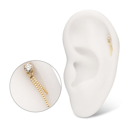 14Kt Yellow Gold Threadless Prong Set Lab-Grown Diamond Top with 2 Box Chain Dangle