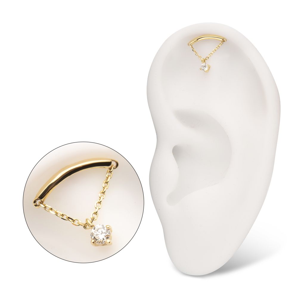 14Kt Yellow Gold Threadless Curved Bar Top with 4-Prong Lab-Grown Diamond Dangle