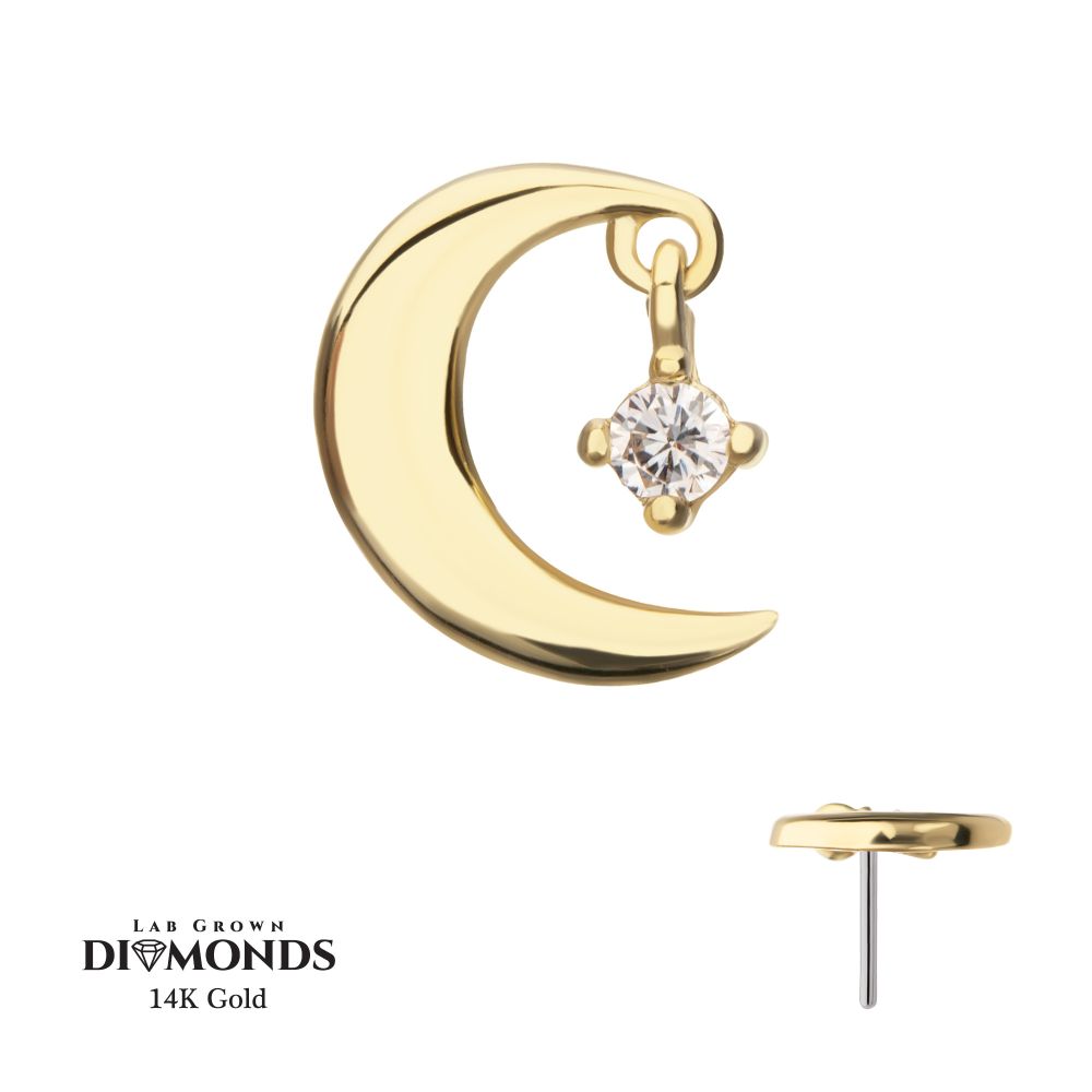 14Kt Yellow Gold Threadless Crescent Moon Top with Prong Set Lab-Grown Diamond Dangle