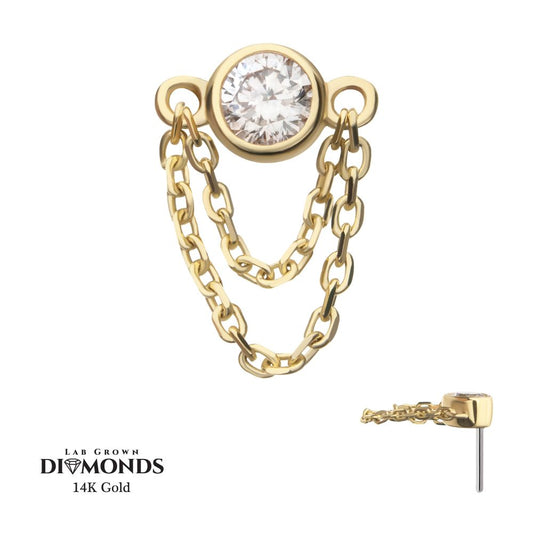 14Kt Yellow Gold Threadless Bezel Set Lab-Grown Diamond Top with 2 Tiered Chain Dangle