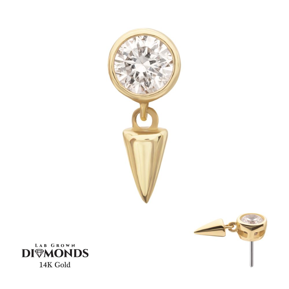 14Kt Gold Threadless Bezel Round Lab-Grown Diamond Top with Spike Dangle