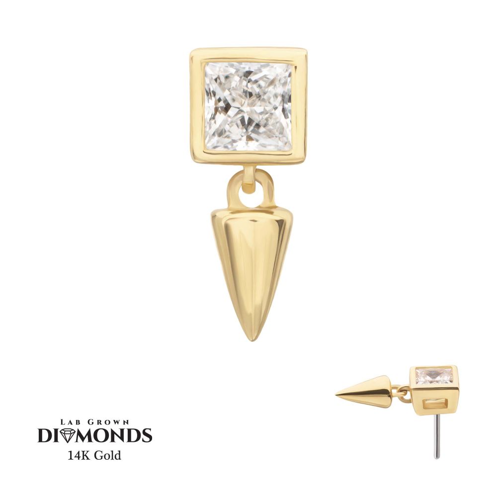 14Kt-Gold Threadless Bezel Princess Cut Lab-Grown Diamond Top with Spike Dangle
