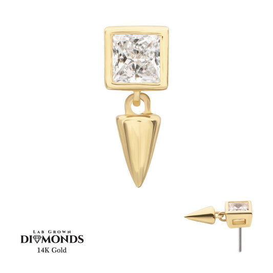 14Kt-Gold Threadless Bezel Princess Cut Lab-Grown Diamond Top with Spike Dangle