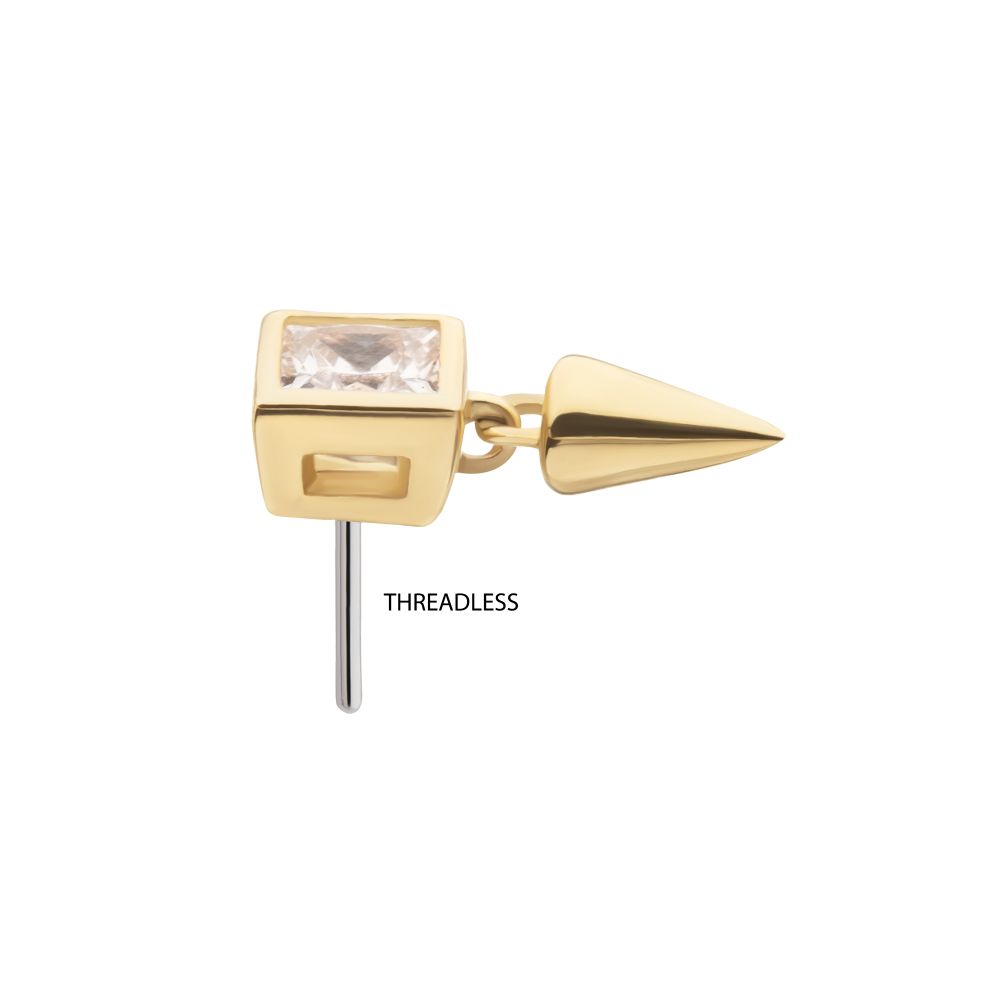 14Kt-Gold Threadless Bezel Princess Cut Lab-Grown Diamond Top with Spike Dangle