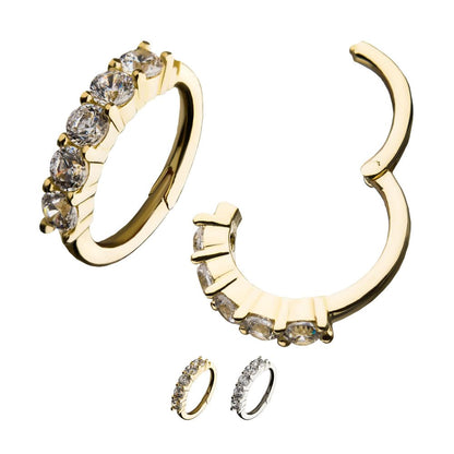 14Kt Gold Prong Set 5-Clear CZ Gem on Top Hinged Segment Clicker
