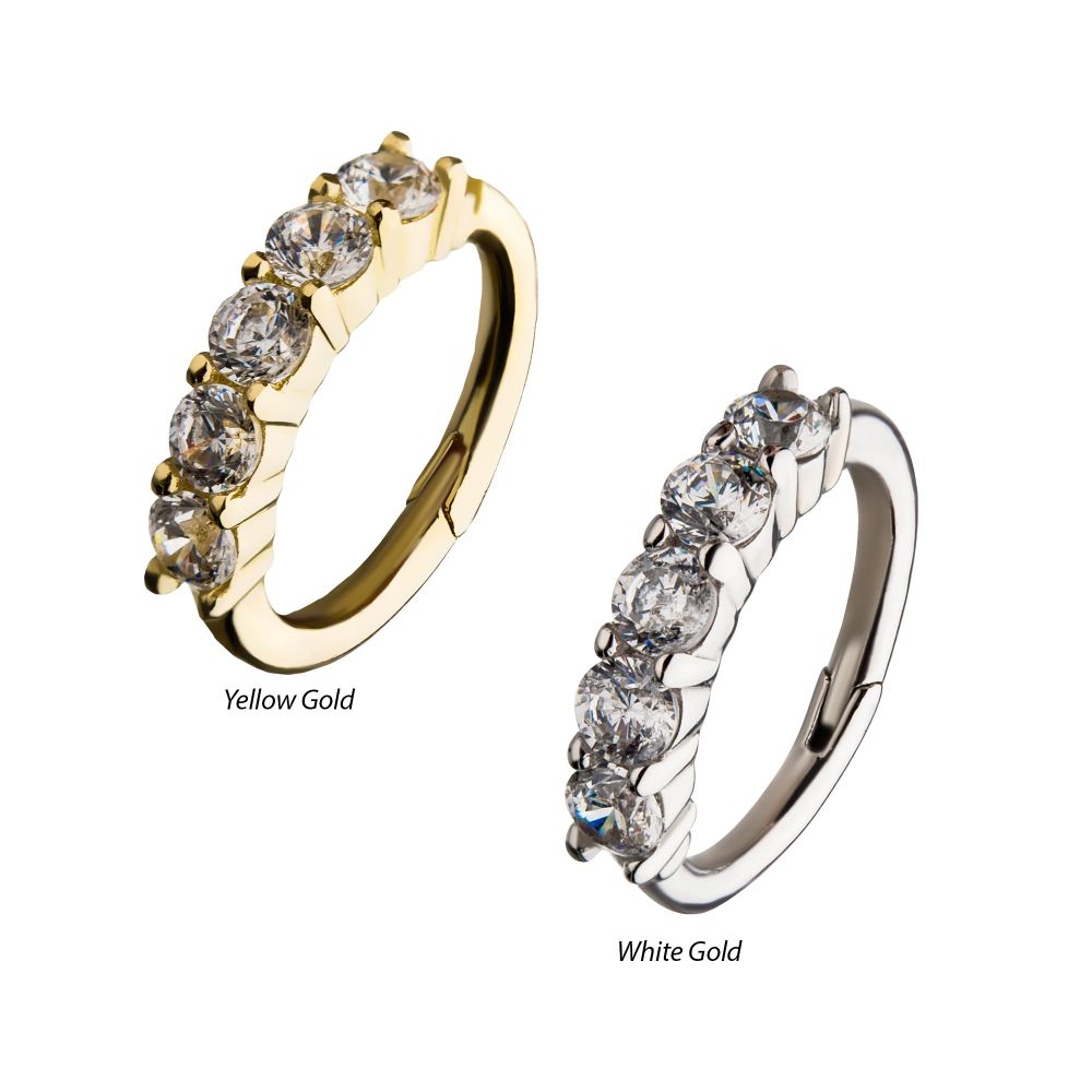 14Kt Gold Prong Set 5-Clear CZ Gem on Top Hinged Segment Clicker