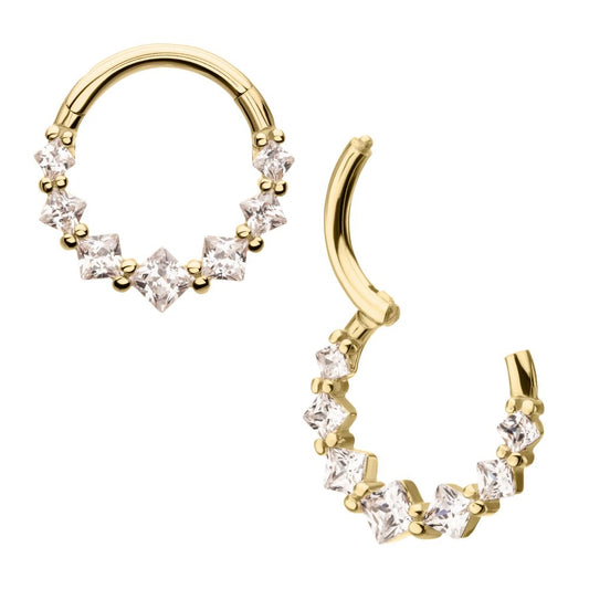 14Kt Yellow Gold Prong Set Princess Gem Cluster Front Facing Hinged Segment Clicker
