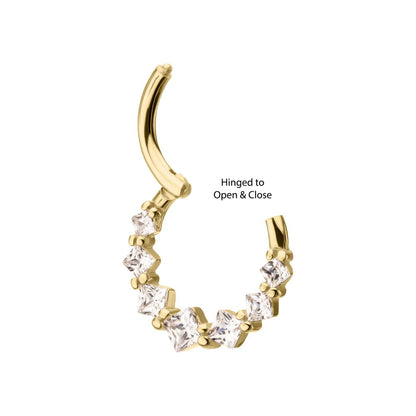 14Kt Yellow Gold Prong Set Princess Gem Cluster Front Facing Hinged Segment Clicker