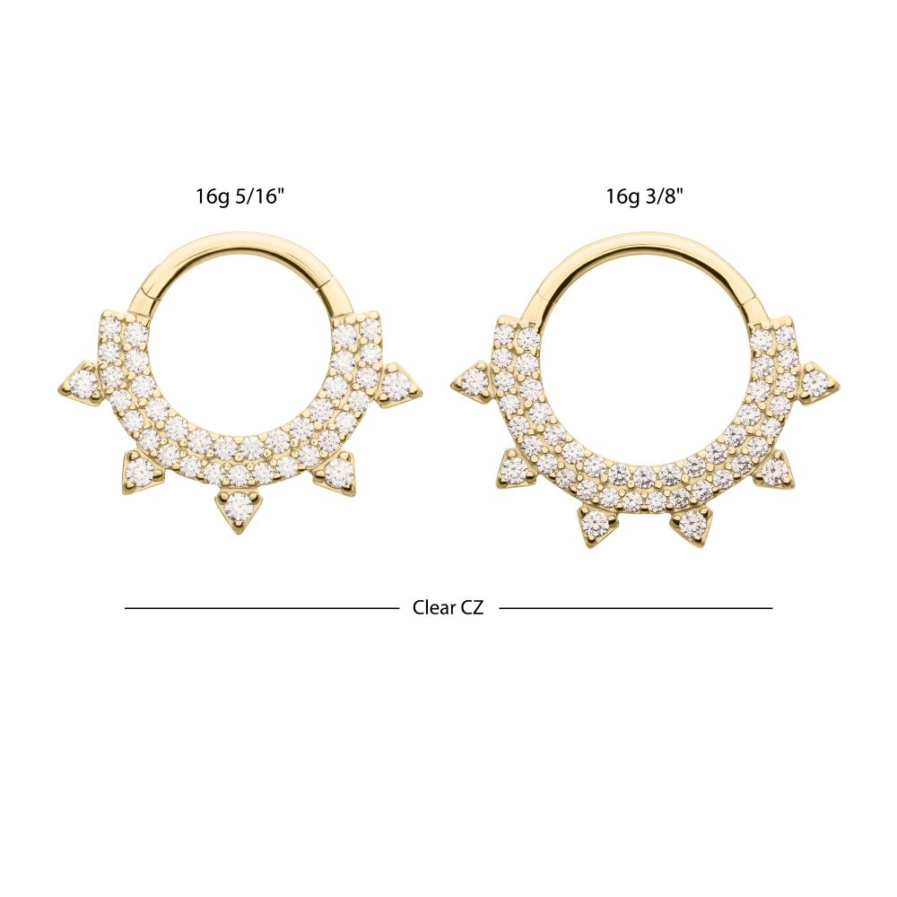 14Kt Yellow Gold Double Row Pave Gem with Spike Front Facing Hinged Segment Clicker