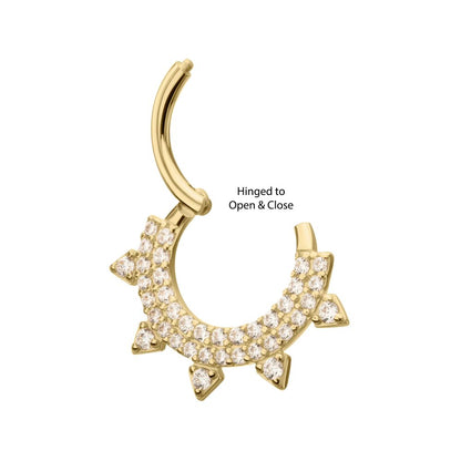 14Kt Yellow Gold Double Row Pave Gem with Spike Front Facing Hinged Segment Clicker