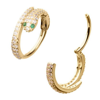 14Kt Yellow Gold Pave Gem with Emerald-Eye Snake Side Facing Hinged Segment Clicker