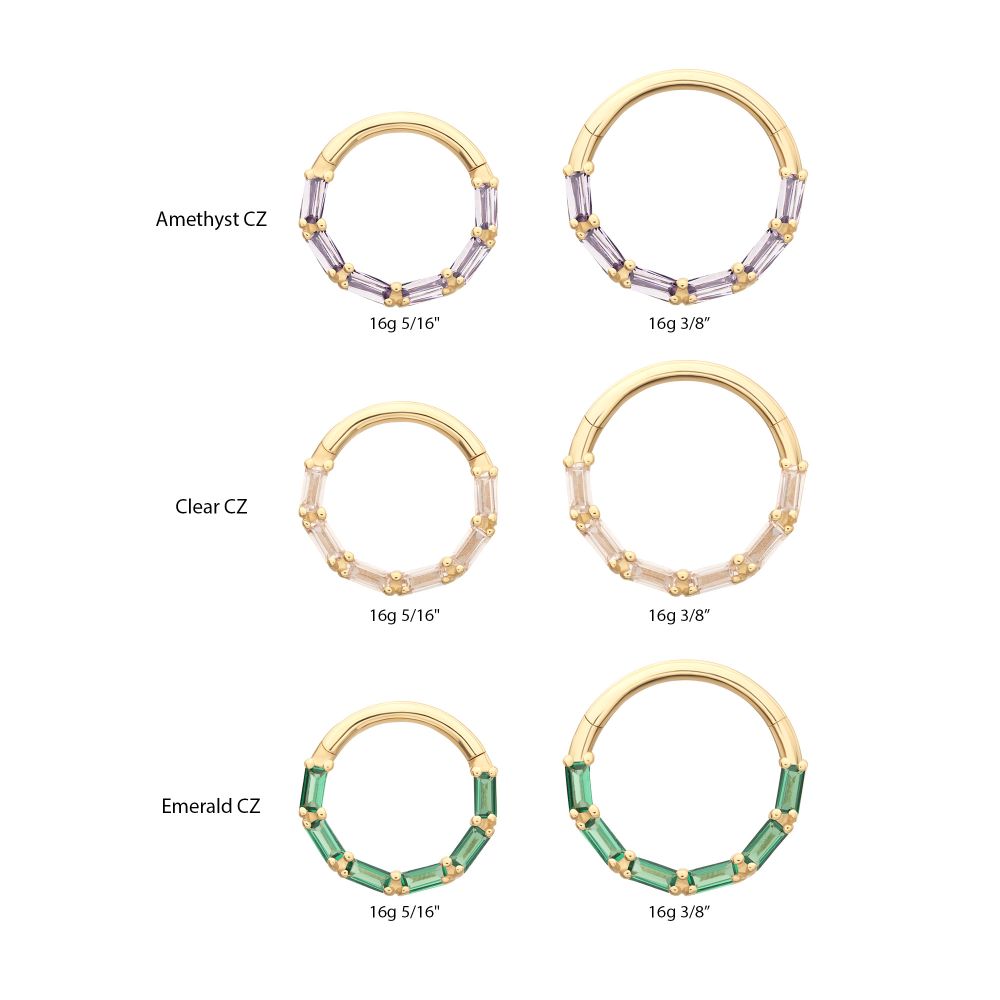 14Kt Yellow Gold 6-Cluster Baguette Prong Gem Front Facing Hinged Segment Clicker