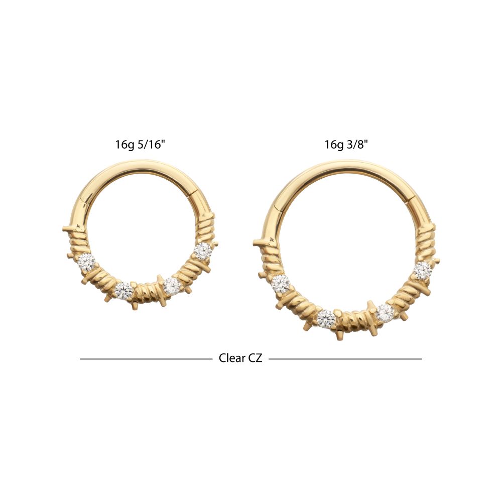 14Kt Yellow Gold Barbed Wire Wrap with Prong Set Gem Front Facing Hinged Segment Clicker