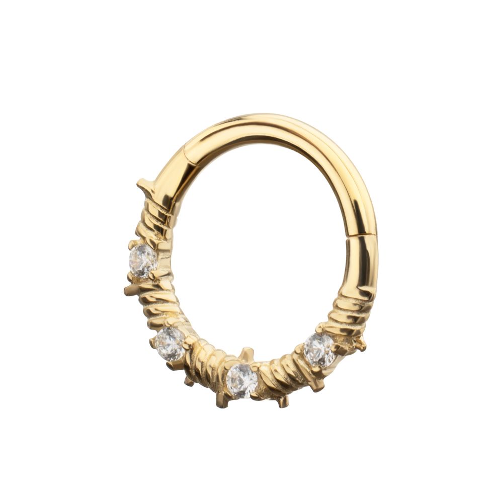 14Kt Yellow Gold Barbed Wire Wrap with Prong Set Gem Front Facing Hinged Segment Clicker