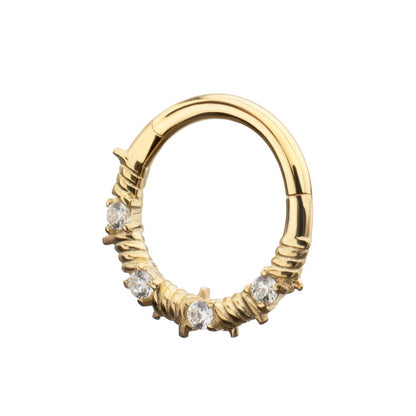 14Kt Yellow Gold Barbed Wire Wrap with Prong Set Gem Front Facing Hinged Segment Clicker