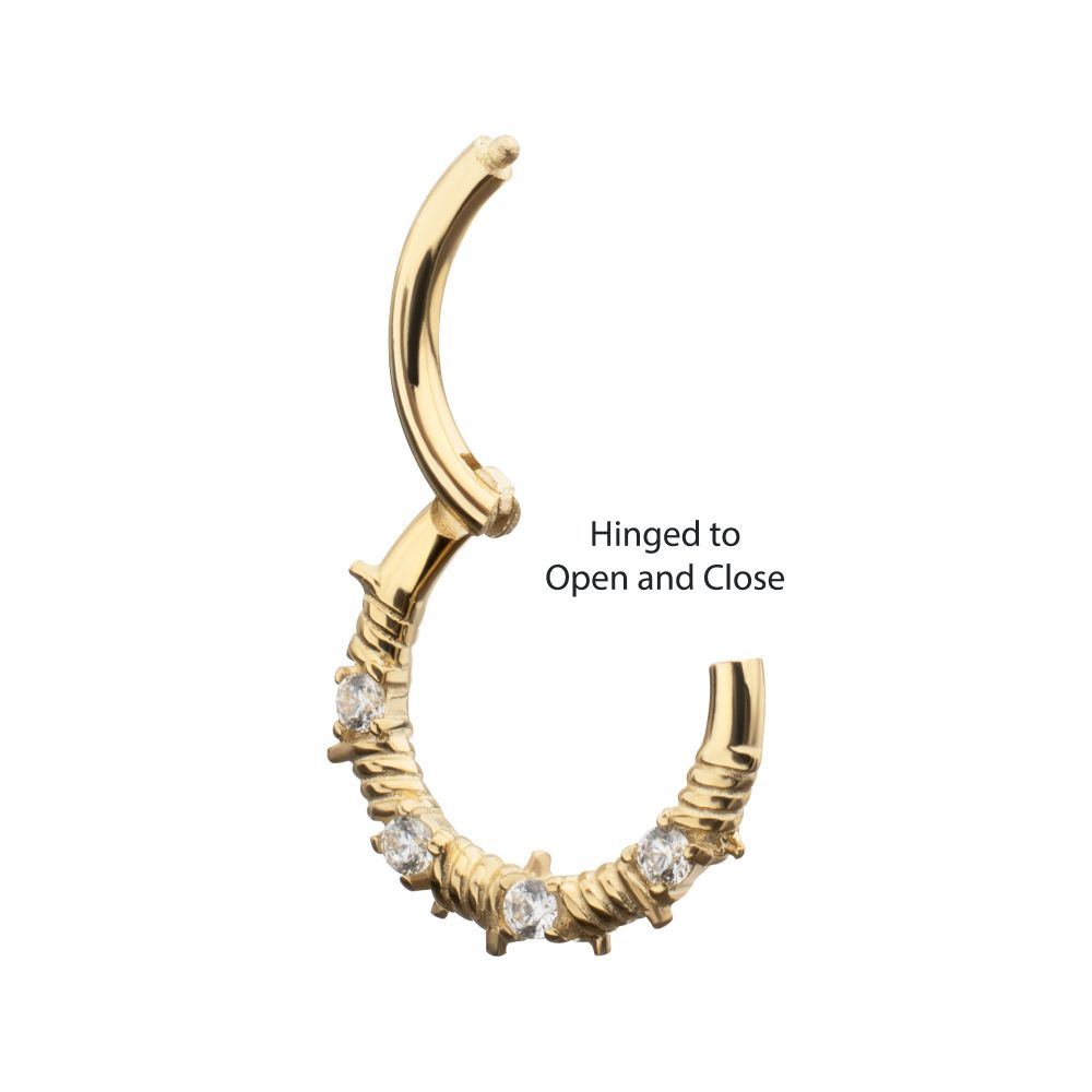 14Kt Yellow Gold Barbed Wire Wrap with Prong Set Gem Front Facing Hinged Segment Clicker