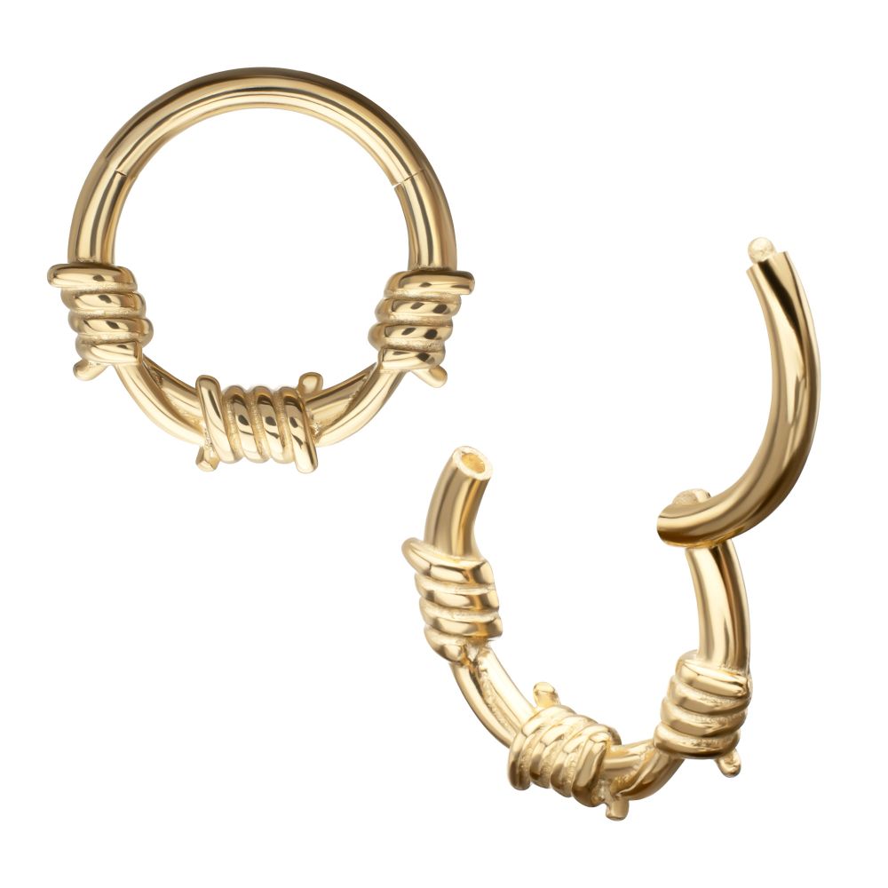 14Kt Yellow Gold Single Sculpted Barbed Wire Wrap Front Facing Hinged Segment Clicker
