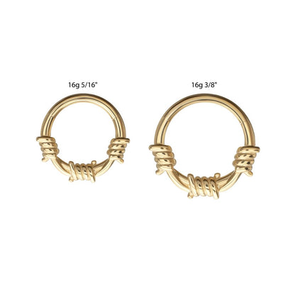 14Kt Yellow Gold Single Sculpted Barbed Wire Wrap Front Facing Hinged Segment Clicker