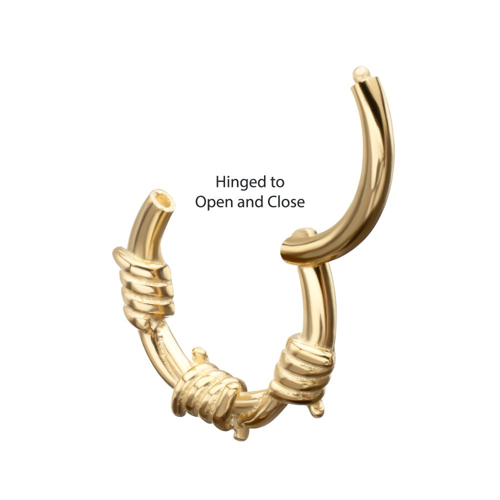 14Kt Yellow Gold Single Sculpted Barbed Wire Wrap Front Facing Hinged Segment Clicker