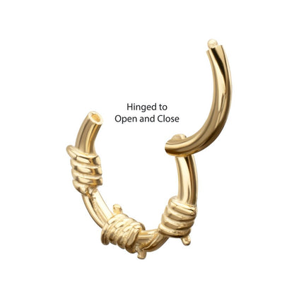 14Kt Yellow Gold Single Sculpted Barbed Wire Wrap Front Facing Hinged Segment Clicker
