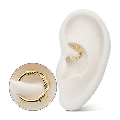 14Kt Yellow Gold Single Sculpted Barbed Wire Wrap Front Facing Hinged Segment Clicker