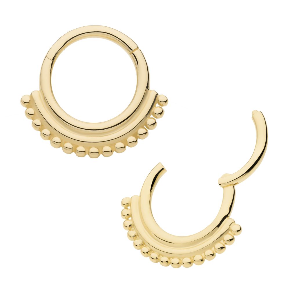 14Kt Yellow Gold 15 Bead Cluster Double Hoop Front Facing Hinged Segment Clicker