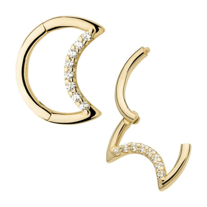 14Kt Yellow Gold Prong Set 8 Round CZ Cluster Crescent Moon Shape Front Facing Hinged Segment Clicker