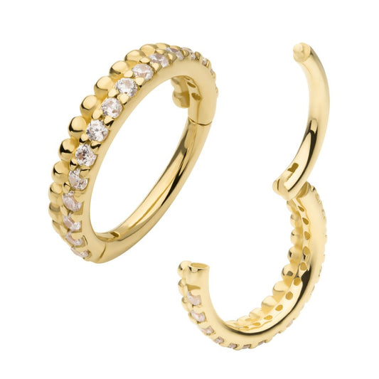 14Kt Yellow Gold Double Row Beads & Prong Set Round CZ Cluster Hinged Segment Clicker