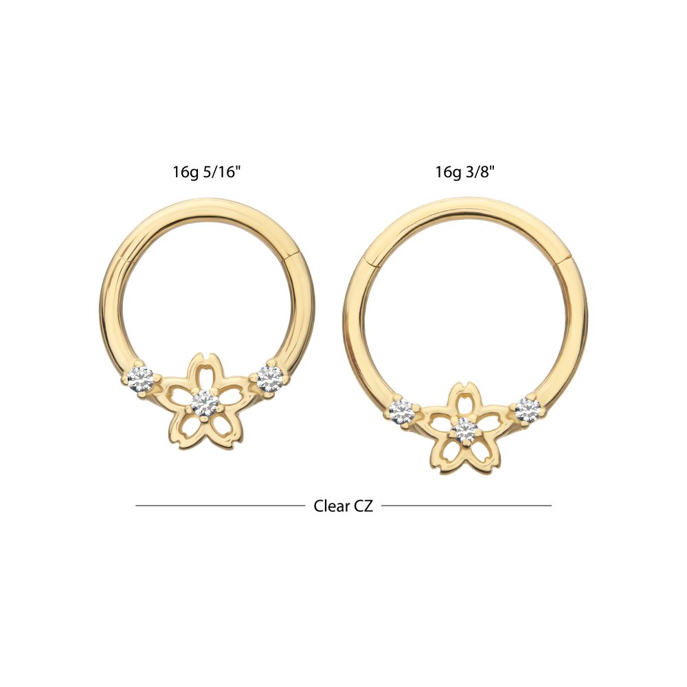 14Kt Yellow Gold Prong Set Gem Cherry Blossom Flower Front Facing Hinged Segment Clicker