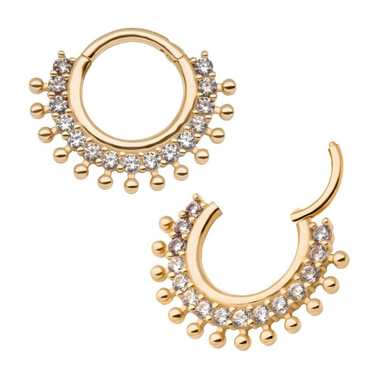 14Kt Yellow Gold with 15-Cluster Prong Set Clear CZ Beaded Edge Front Facing Hinged Segment Clicker