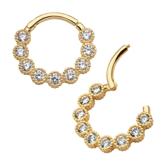 14Kt Yellow Gold with 9-Cluster Bezel Set Clear CZ Beaded Edge Front Facing Hinged Segment Clicker
