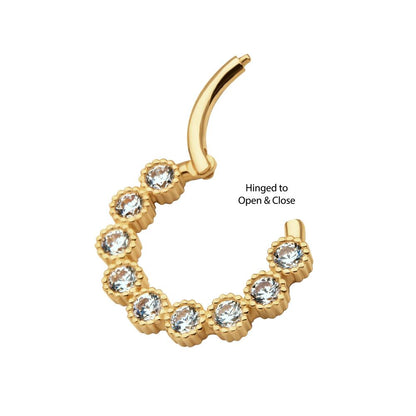 14Kt Yellow Gold with 9-Cluster Bezel Set Clear CZ Beaded Edge Front Facing Hinged Segment Clicker