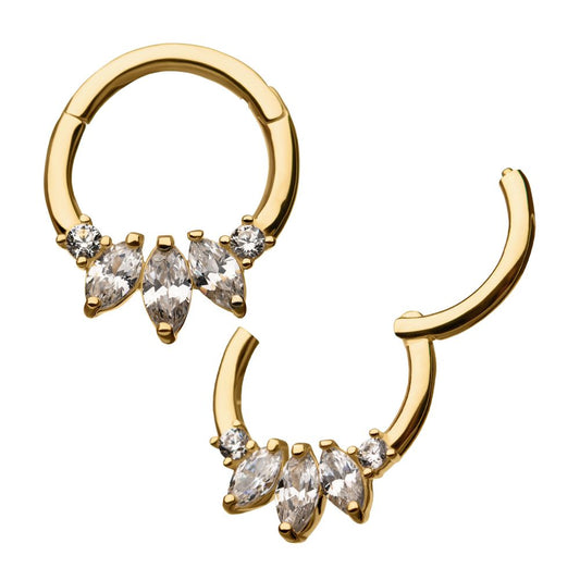 14Kt Yellow Gold with 5-Cluster Prong Set Marquise & Round Clear CZ Front Facing Hinged Segment Clicker