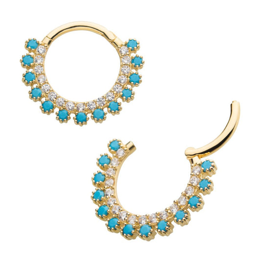 14Kt Yellow Gold with Double Row Prong Set Clear CZ & Synthetic Turquoise Front Facing Hinged Segment Clicker
