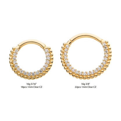 14Kt Yellow Gold with Prong Set Clear CZ Beaded Edge Front Facing Hinged Segment Clicker