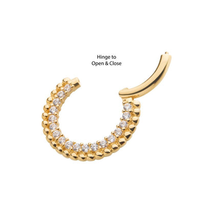 14Kt Yellow Gold with Prong Set Clear CZ Beaded Edge Front Facing Hinged Segment Clicker