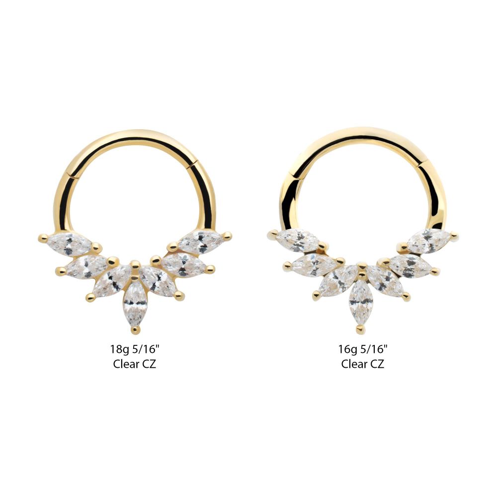 14Kt Yellow Gold Pronged Marquise CZ 7-Cluster Wreath Hinged Segment Clicker