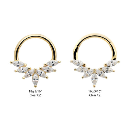 14Kt Yellow Gold Pronged Marquise CZ 7-Cluster Wreath Hinged Segment Clicker