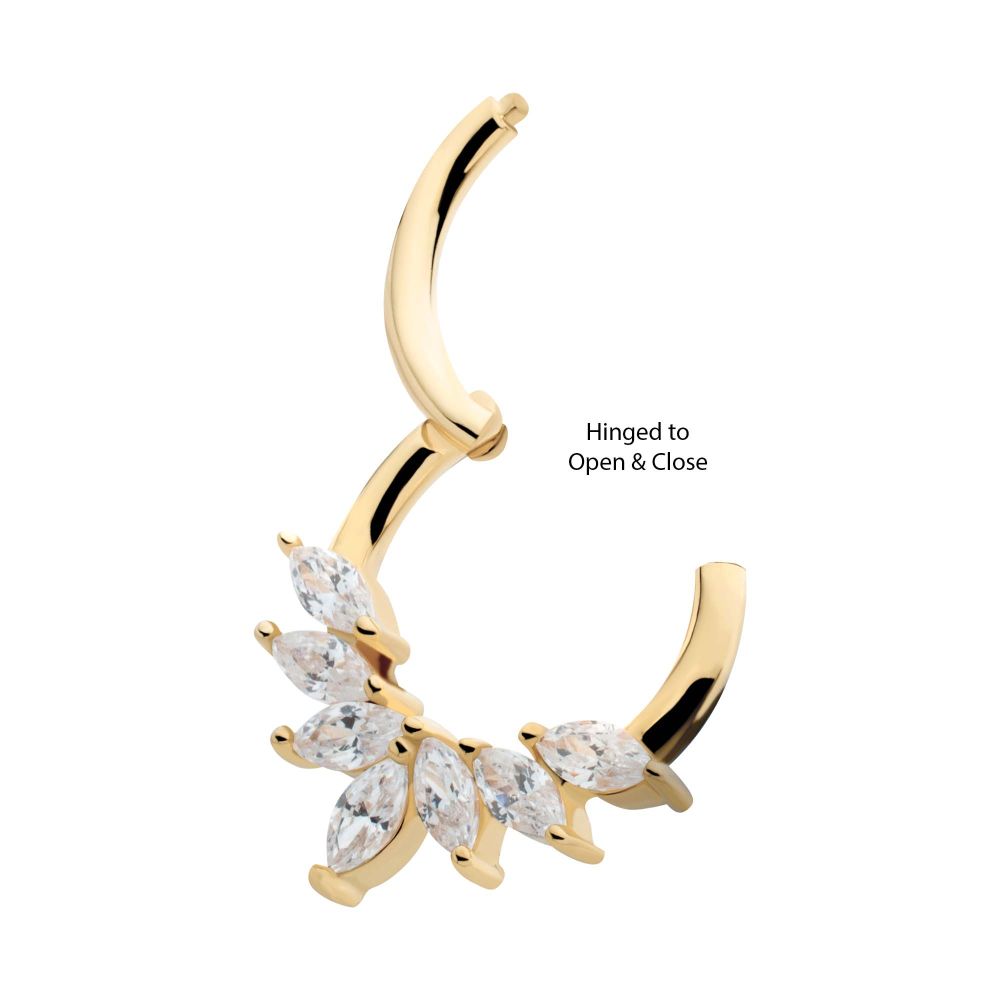 14Kt Yellow Gold Pronged Marquise CZ 7-Cluster Wreath Hinged Segment Clicker