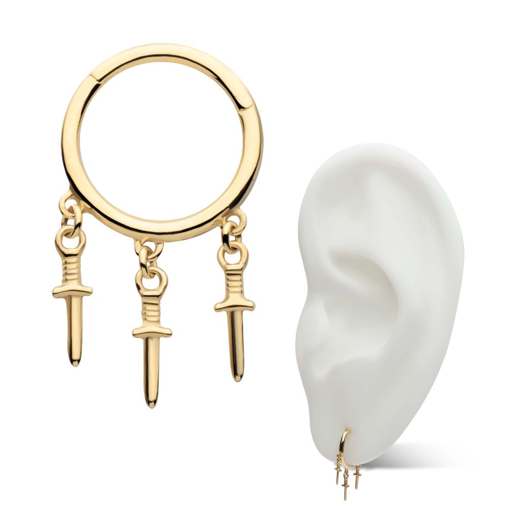 14Kt Yellow Gold Triple Dagger Dangle Charm Hinged Segment Clicker