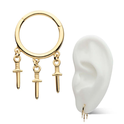 14Kt Yellow Gold Triple Dagger Dangle Charm Hinged Segment Clicker