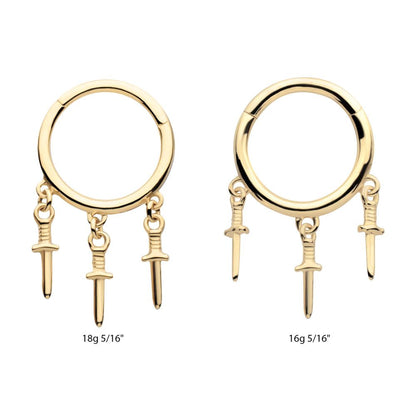 14Kt Yellow Gold Triple Dagger Dangle Charm Hinged Segment Clicker