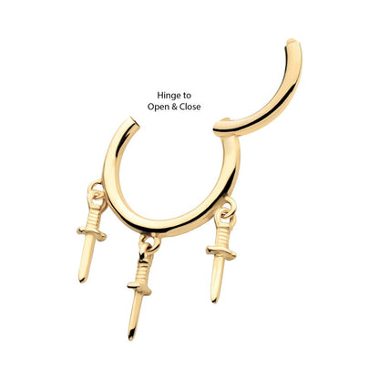 14Kt Yellow Gold Triple Dagger Dangle Charm Hinged Segment Clicker