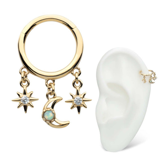 14Kt Yellow Gold Triple Dangle Charm Clear CZ Stars & Opal Crescent Moon Hinged Segment Clicker