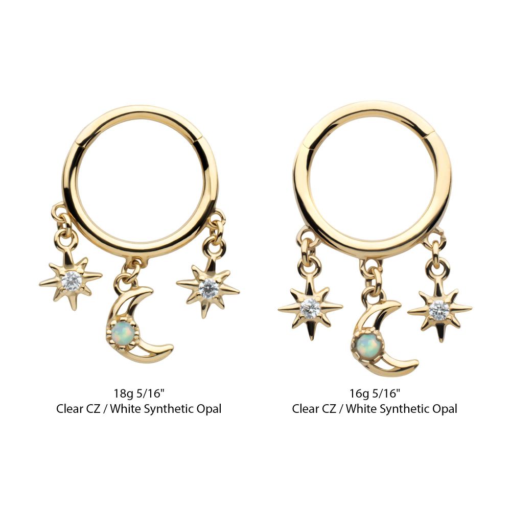14Kt Yellow Gold Triple Dangle Charm Clear CZ Stars & Opal Crescent Moon Hinged Segment Clicker