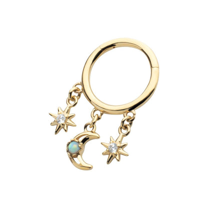 14Kt Yellow Gold Triple Dangle Charm Clear CZ Stars & Opal Crescent Moon Hinged Segment Clicker